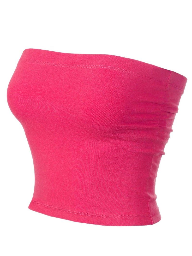MixMatchy Women's Solid Casual Summer Ruched Side Backless Double Layered Tube Top with Built in Bra Hot Pink - Image 2